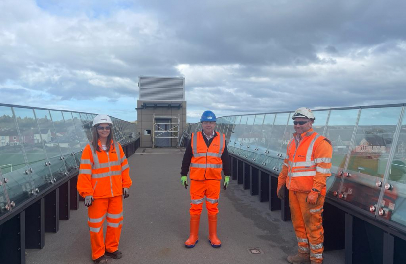 Lisa McKenna (Network Rail), Craig Hoy MSP and Phil Pree (BAM Nuttall) on the bridge of East Linton Station