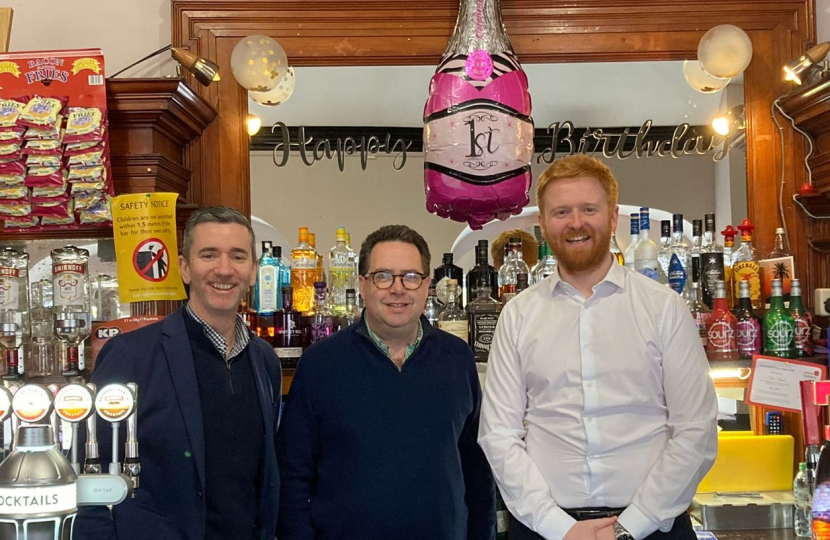 (left-to-right) Scottish Beer and Pub Association President Andrew Lawrence; Craig Hoy MSP; and Dominic McNeill, owner of the Tower Inn, Tranent