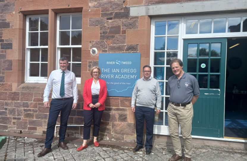 (left-to-right) Jamie Stewart (Clerk to the RTC and Director of the RTF), Rachael Hamilton MSP aand Peter Straker-Smith (Chairman of the RTC and RTF) outside of the Ian Gregg Tweed Academy