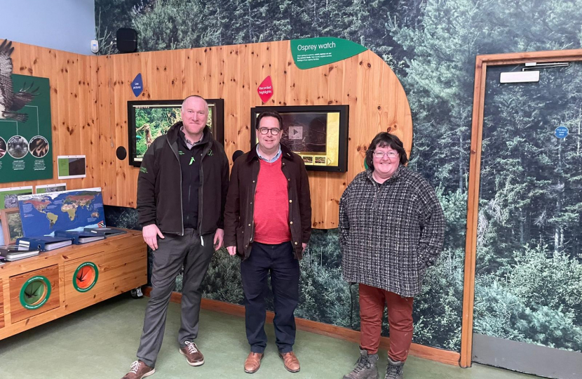 Martin Page, Craig Hoy MSP and Diane Bennett at the Tweed Valley Osprey Project in Glentress Forest