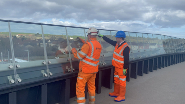 Phil Pree (Bam Nuttall) and Craig Hoy MSP on the bridge of East Linton Station