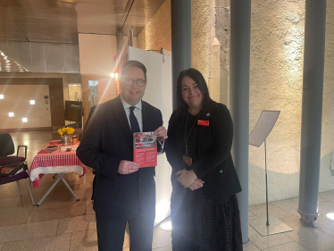 Craig Hoy MSP with Roslyn Neely, the CEO of Edinburgh Children's Hospital Charity, at their exhibit in the Scottish parliament